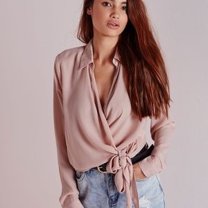 Missguided Wrap Over Tie Side Blouse Nude